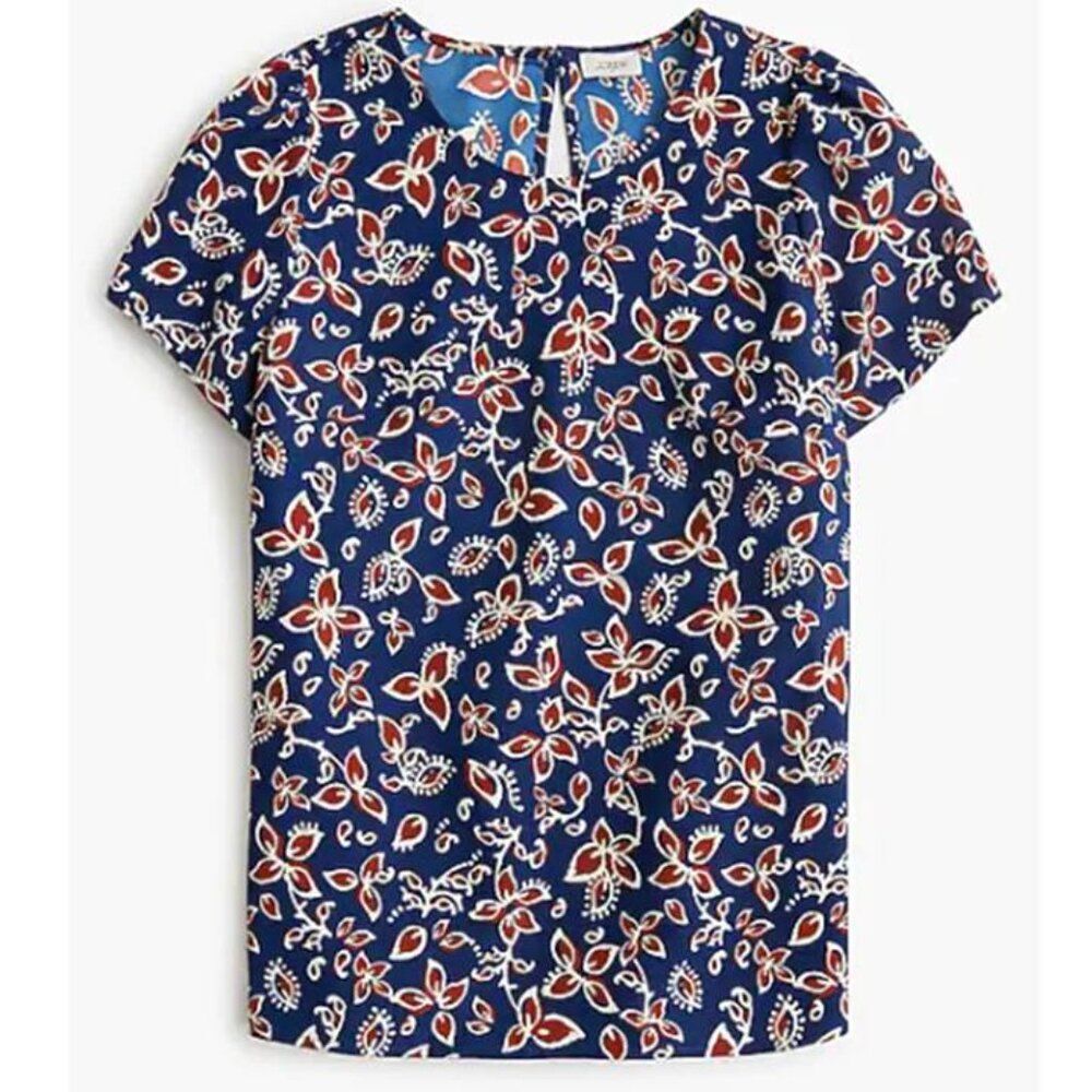 J Crew Women's Short Sleeve Crepe Top Classic Blue Floral Print Blouse Size 3X